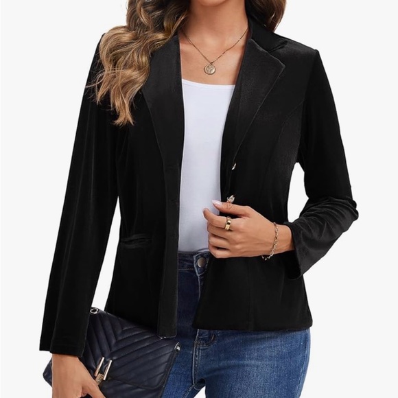 MINT LIMIT Jackets & Blazers - ML007-Black-L Black Velvet Single-Button Blazer Jacket by